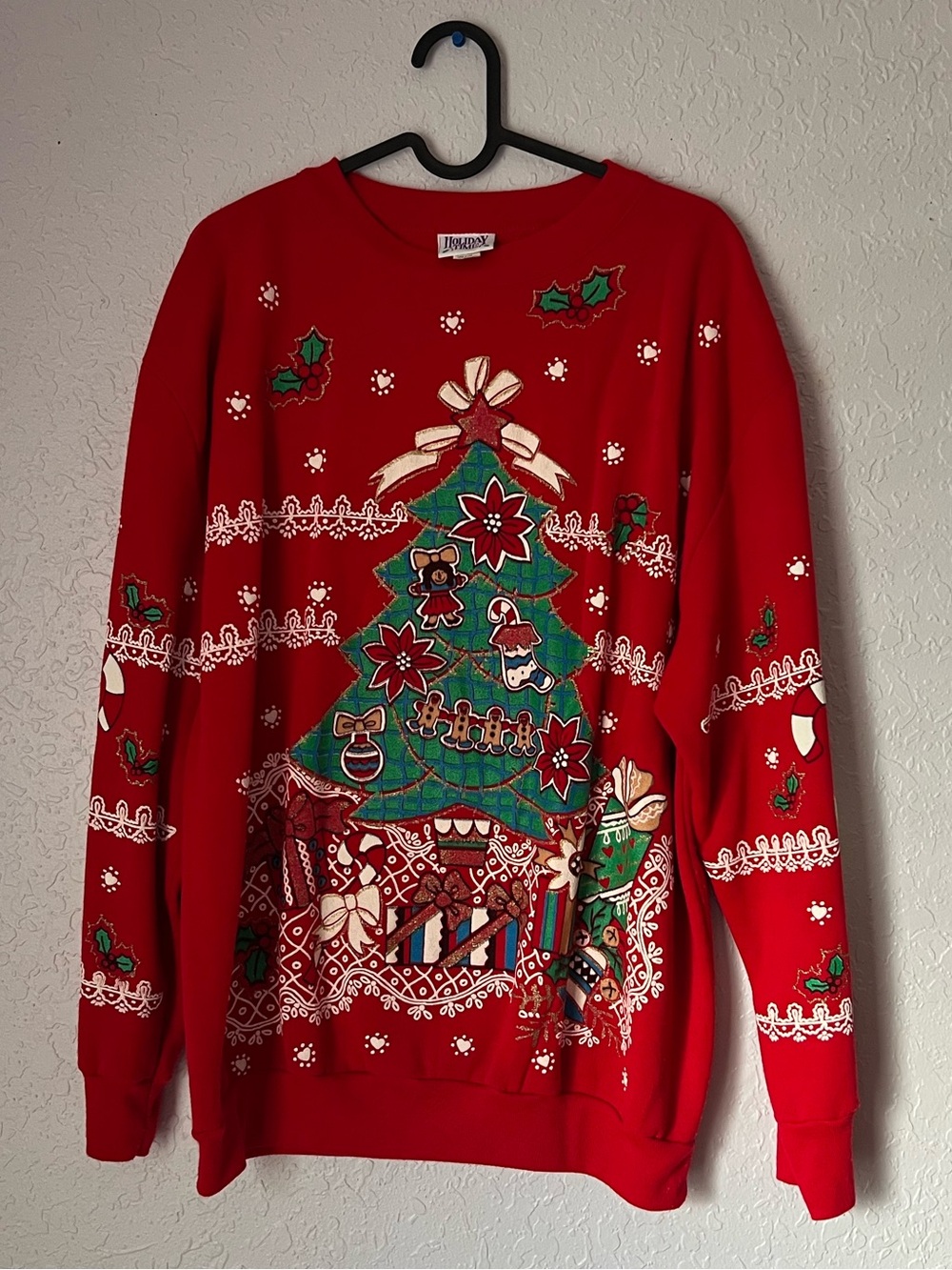 Holiday Time Red Christmas Tree Sweater with Green and Gold Accents